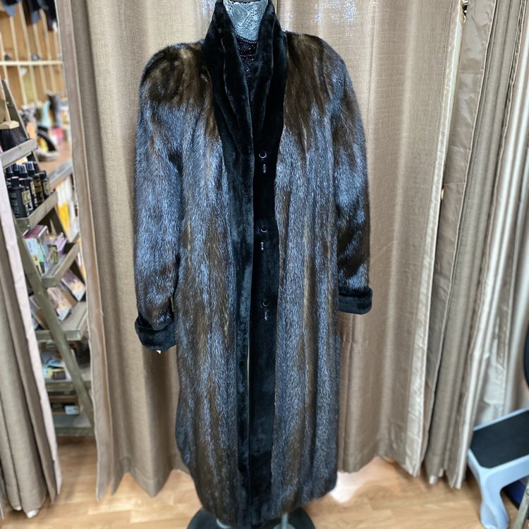 Reversible Dark Ranch Mink Rain Coat w/ Sheared Mink Trim, Size M