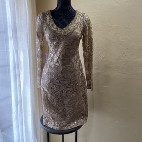 Sue Wong Gold Taupe Embellished Dress, Size 2