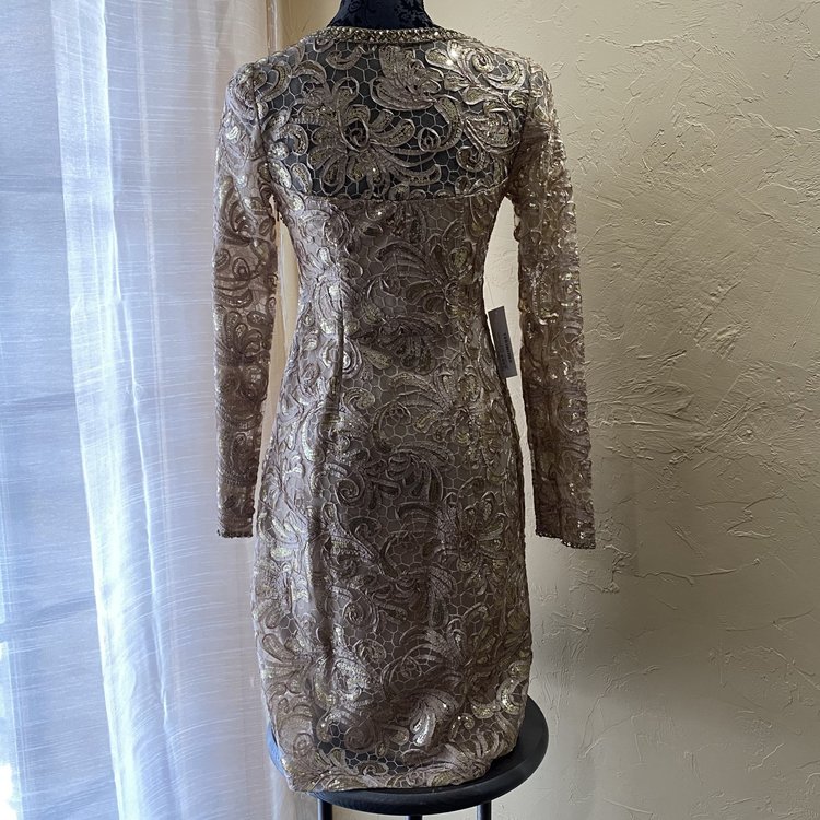 Sue Wong Gold Taupe Embellished Dress, Size 2