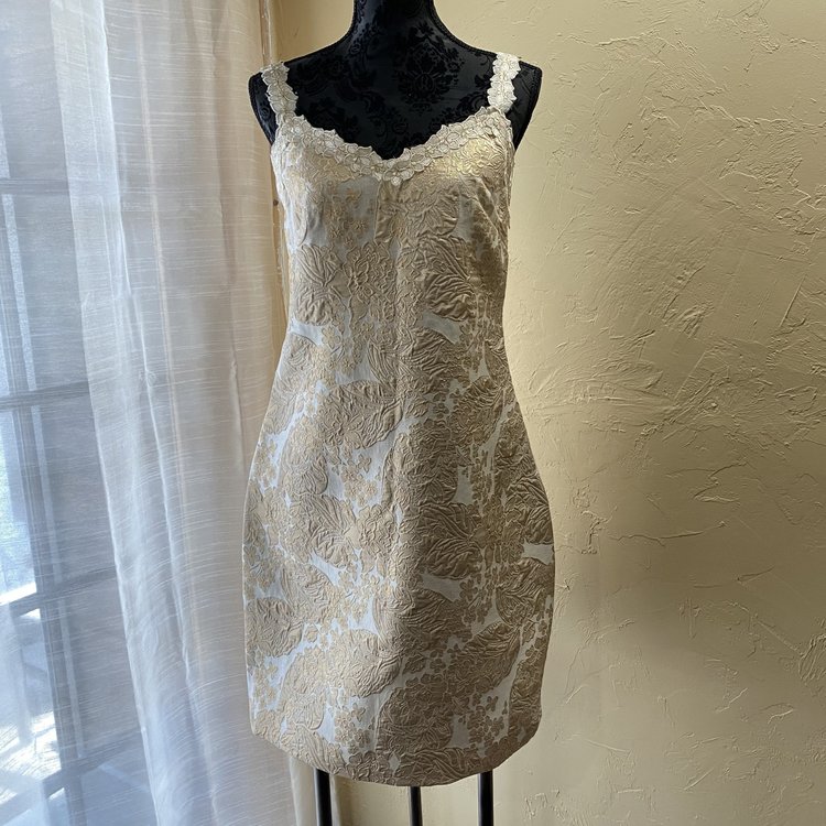 Tahari Gold and White Sheath Dress, Size 8