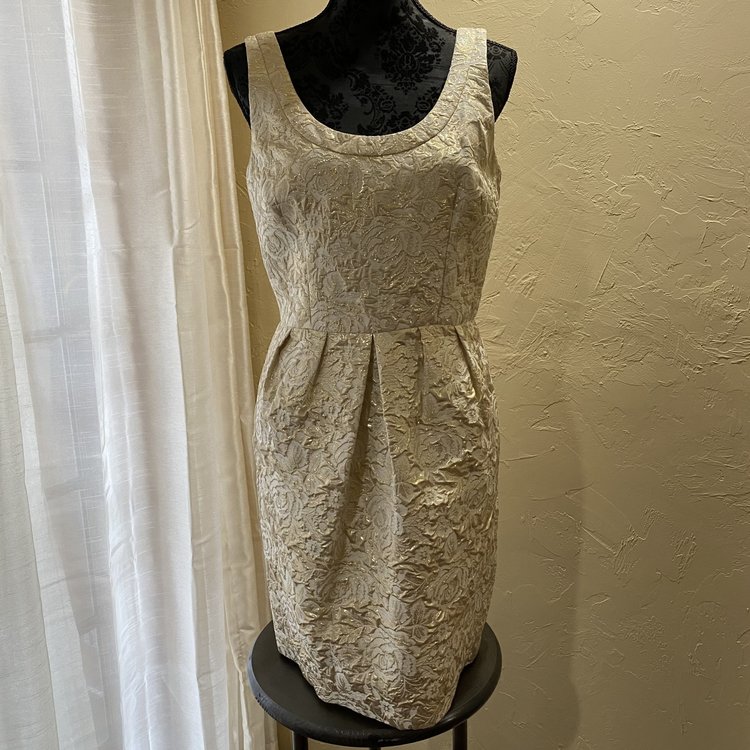 Aqua Metallic Gold Jacquard Cocktail Dress, Size 10