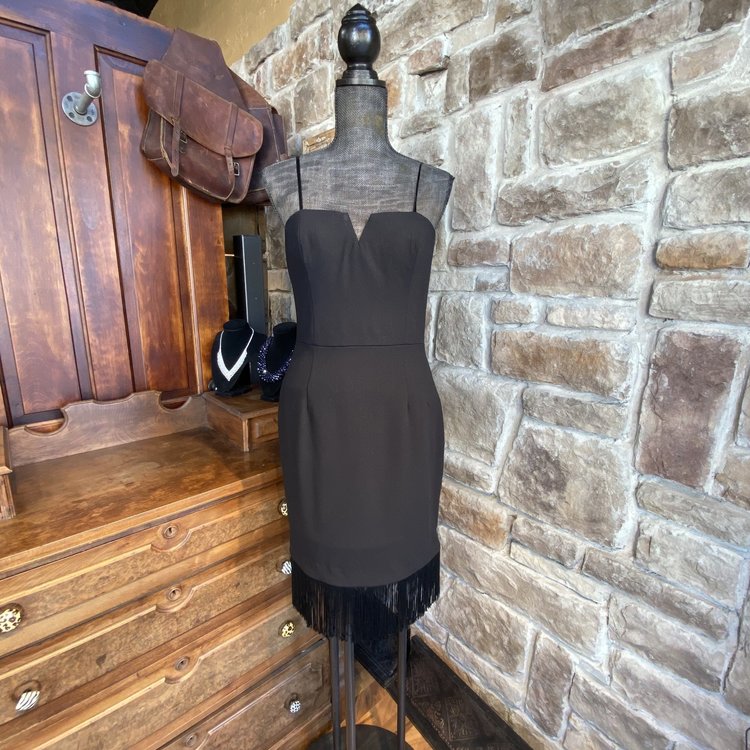 Aidan Mattox Black Chiffon Fringe Strapless Dress, Size 8