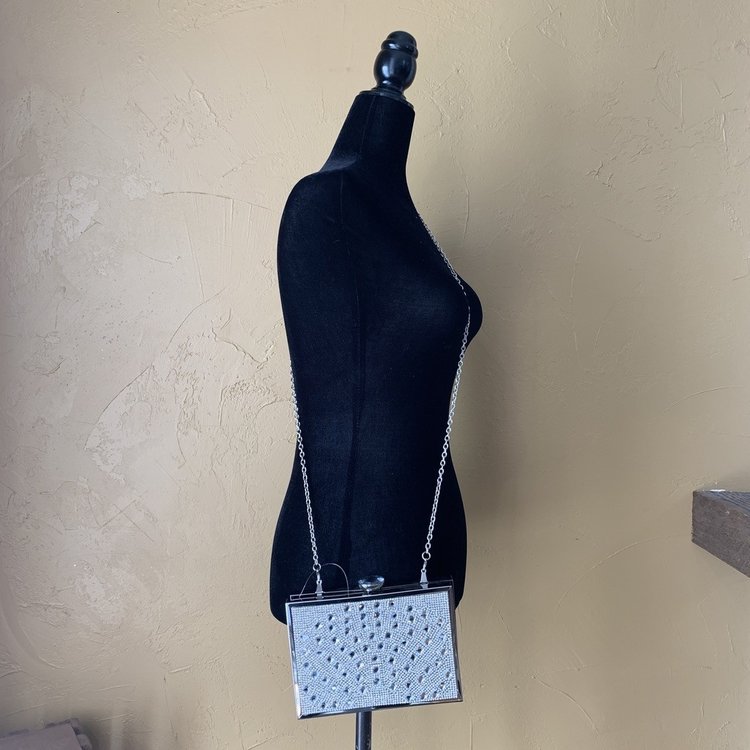 Silver Bedazzled Evening Handbag with Strap