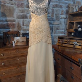 Sue Wong Rose Gold Ruched and Beaded Gown, Size 8