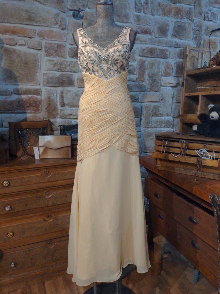 Sue Wong Gold Ruched and Beaded Gown, Size 8