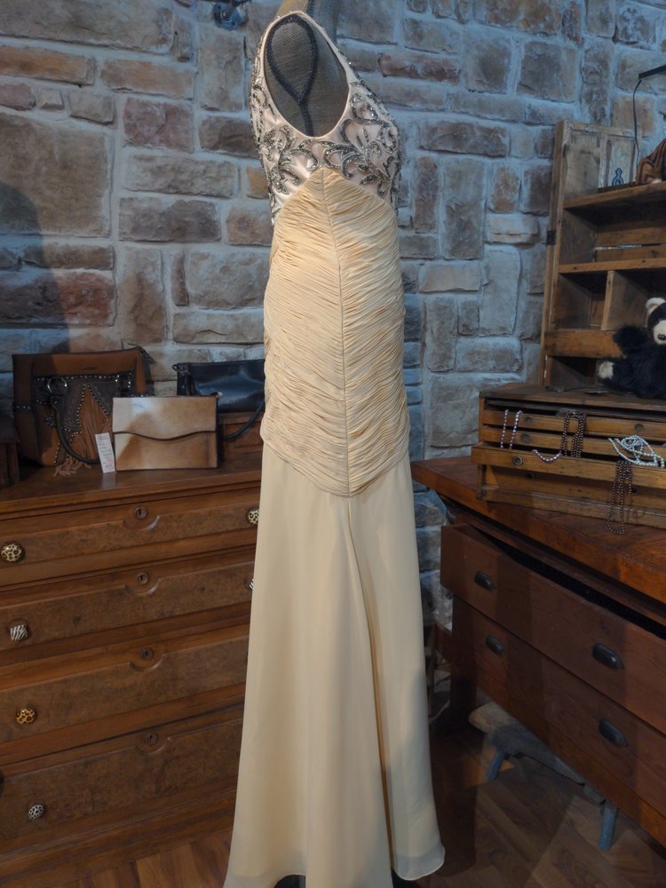 Sue Wong Gold Ruched and Beaded Gown, Size 8