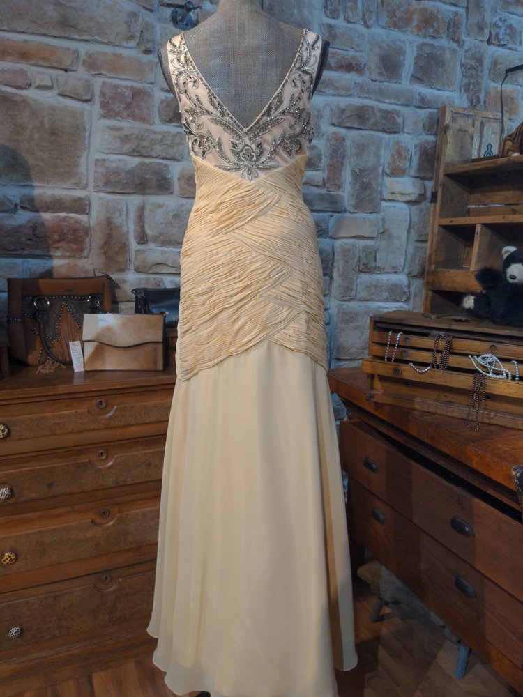 Sue Wong Gold Ruched and Beaded Gown, Size 8