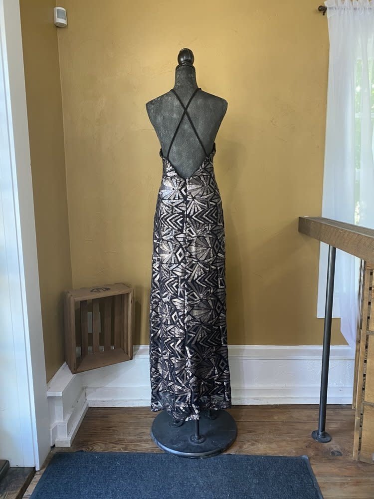 Nightway Black Metallic Sequin Halter Gown