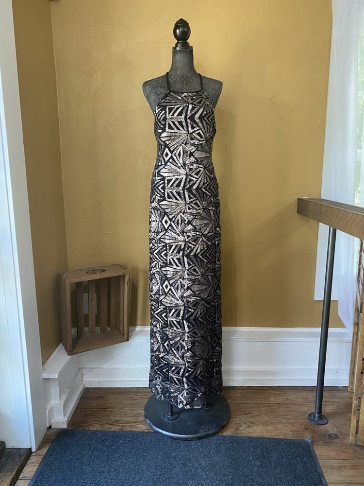 Nightway Black Metallic Sequin Halter Gown