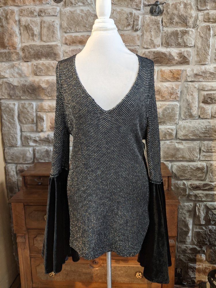 Free People Black Metallic & Velvet Bell Sleeve Tunic, Size M