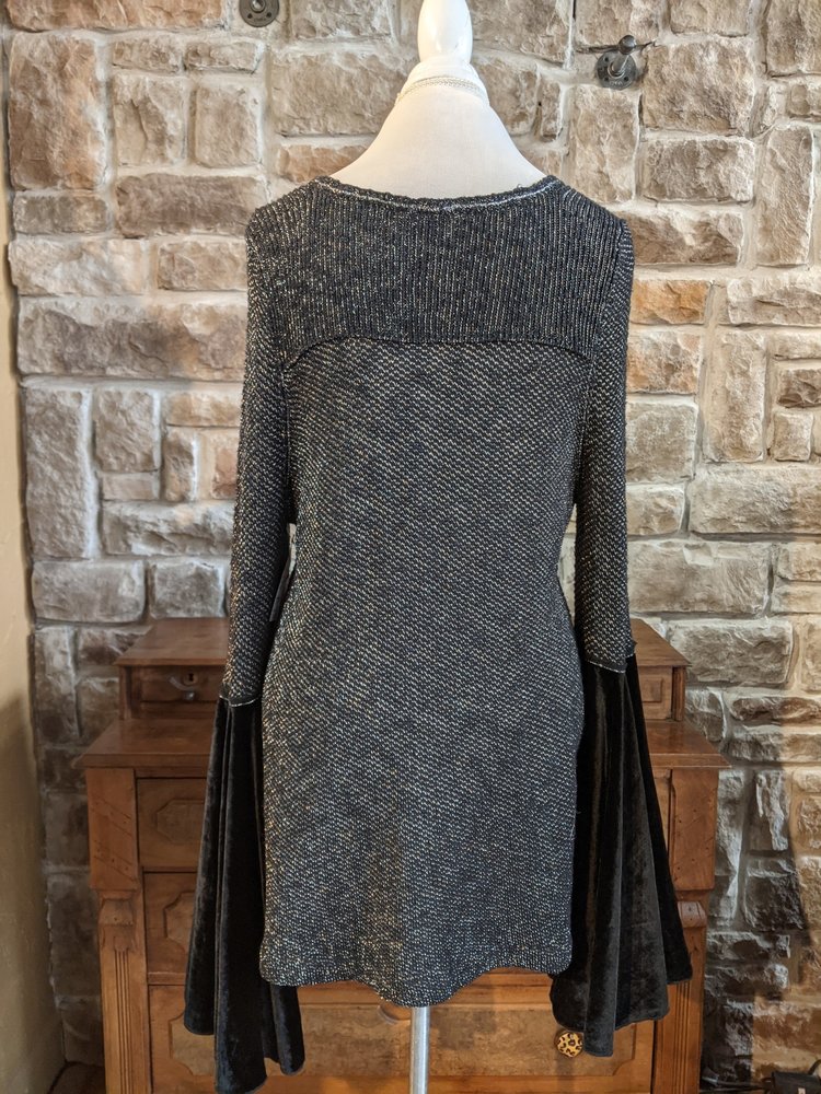 Free People Black Metallic & Velvet Bell Sleeve Tunic, Size M