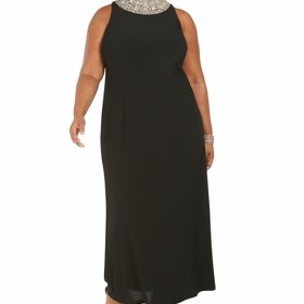 SLNY Black Gown with Jeweled Neckline, Size 20W
