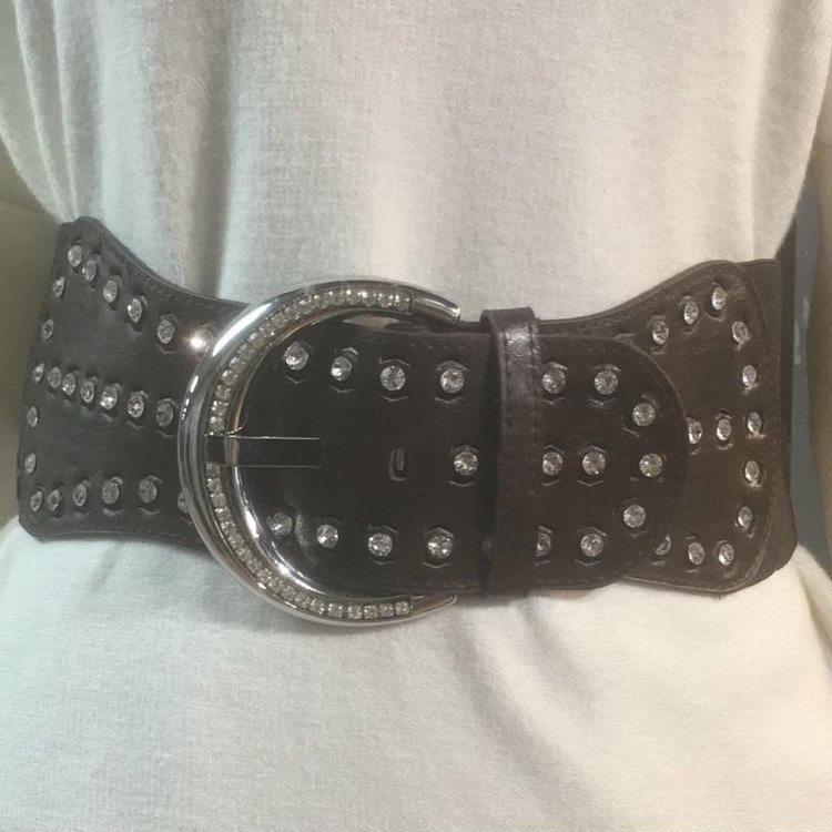 Brown Stretchy Crystal Buckle Belt