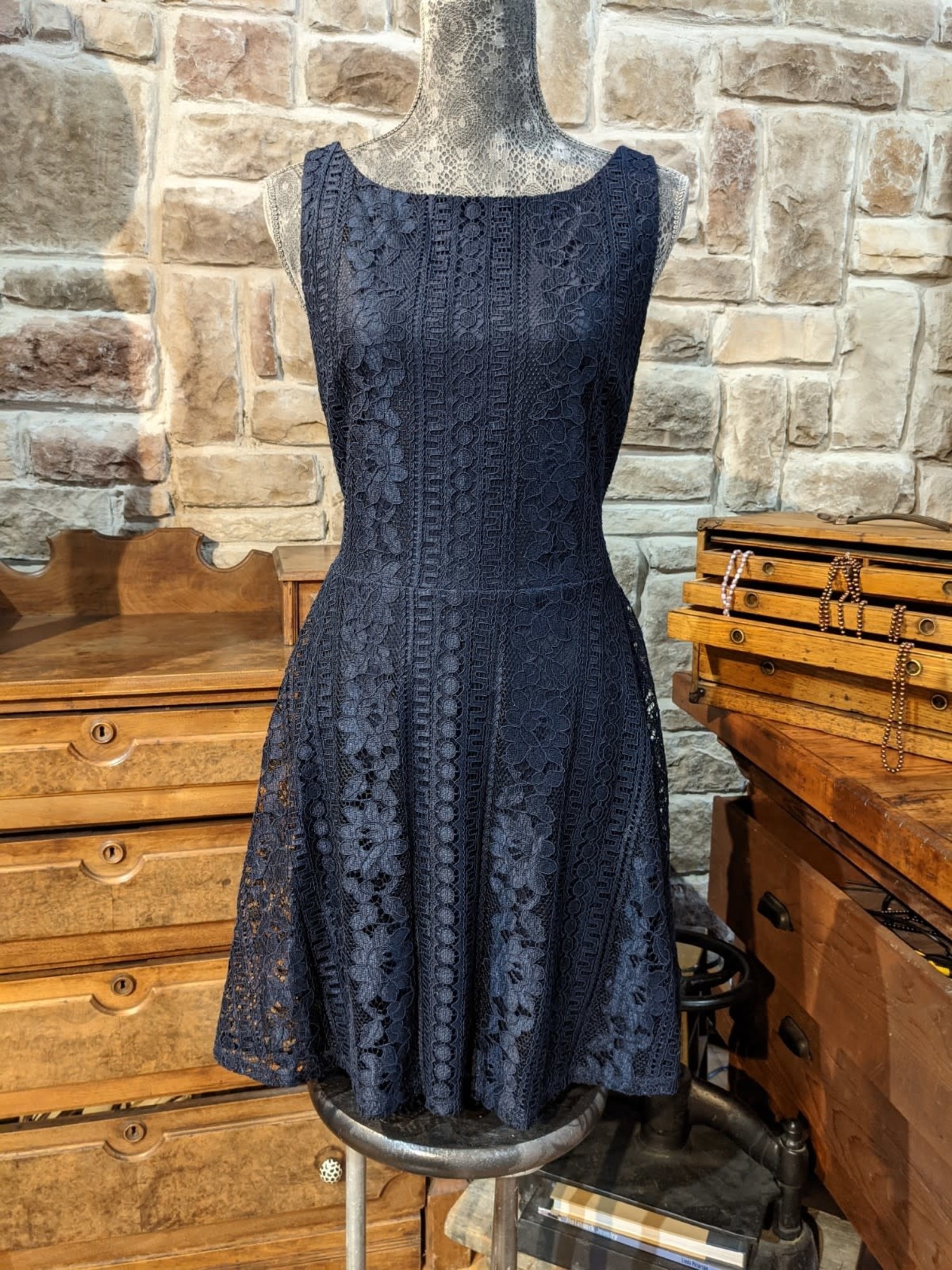 Dark Blue Lace Dress with Tie Back