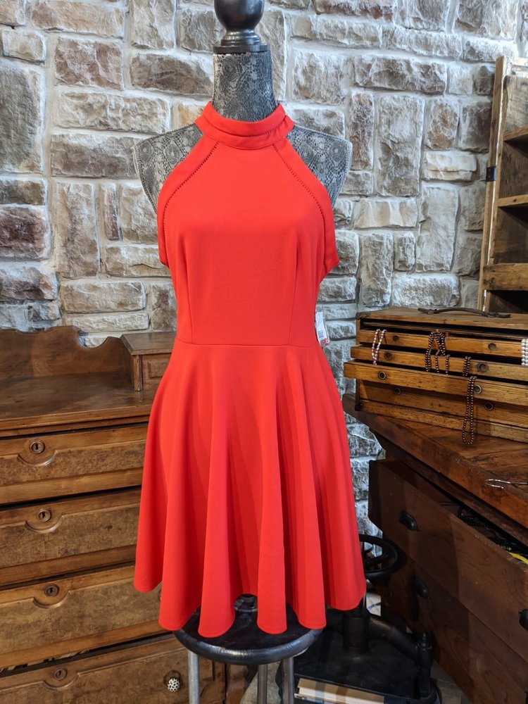 B Darlin Red Flirty Halter Dress with Keyhole Back