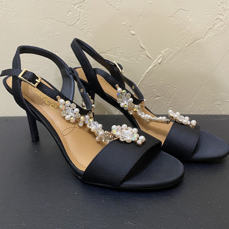 Black Dress Heels with Crystal Applique, Size 6.5