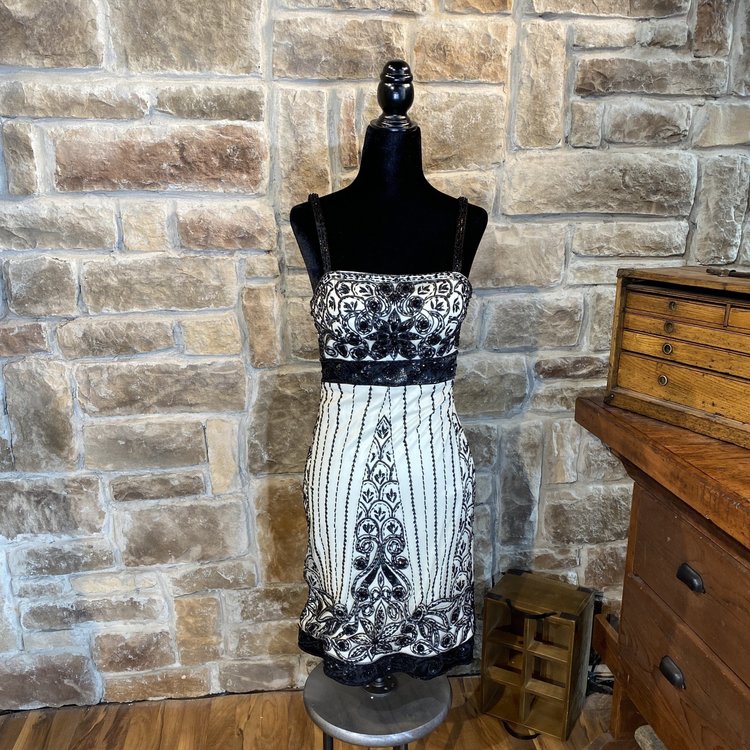 Sue Wong Black and Ivory Beaded Art Deco Dress