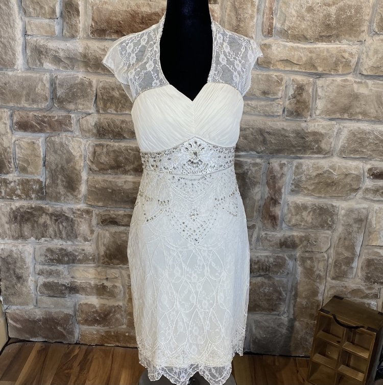 Sue Wong Ivory Lace Beaded Bridal Dress with Illusion