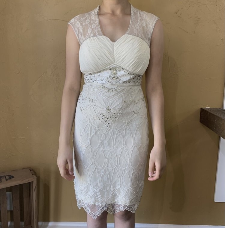 Sue Wong Ivory Lace Beaded Bridal Dress with Illusion