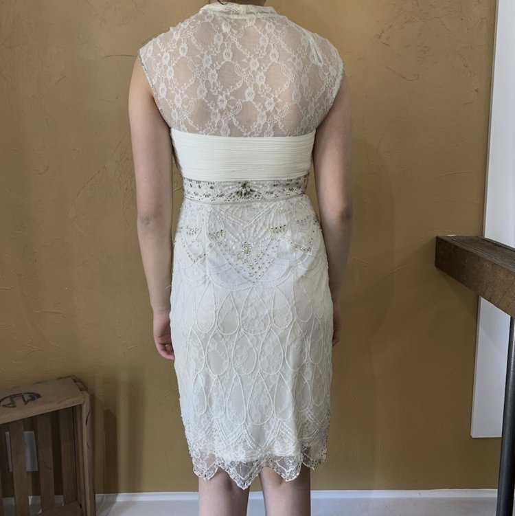Sue Wong Ivory Lace Beaded Bridal Dress with Illusion