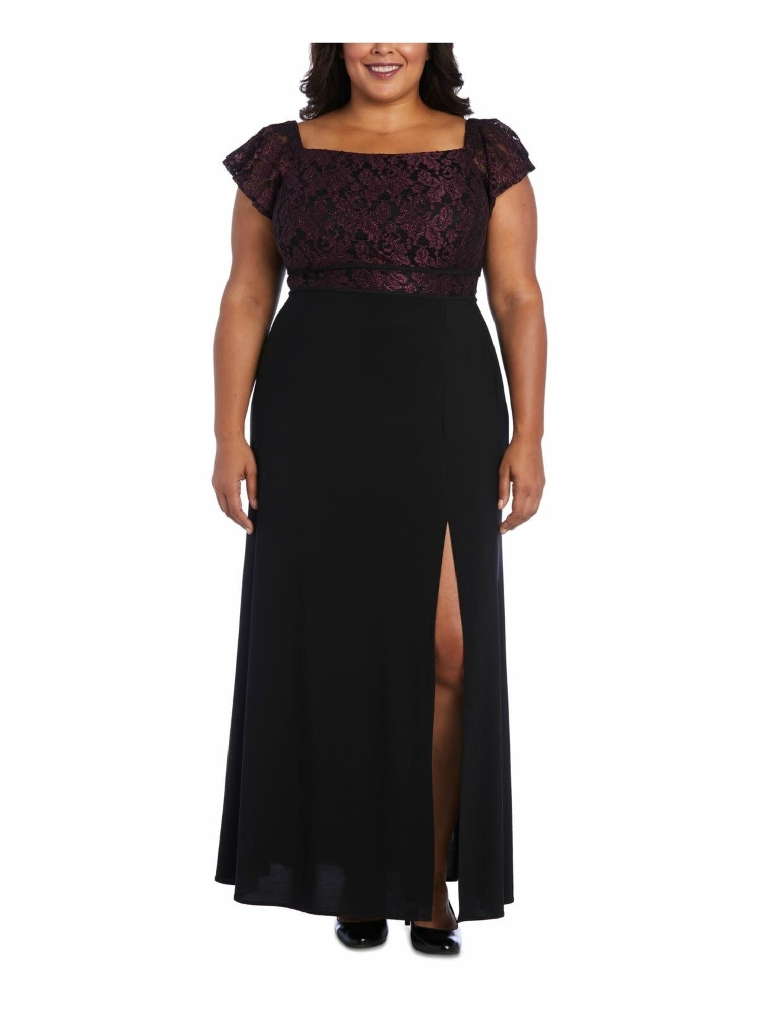Nightway Burgundy and Black Cap Sleeve Sheath Gown, Size 20W Nightway Burgundy and Black Cap Sleeve Sheath Gown, Size 20W