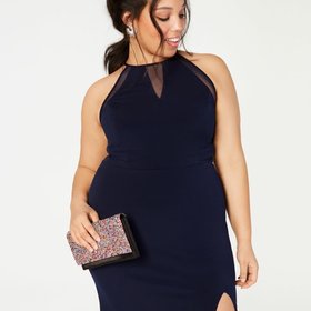 City Studio Navy Illusion Gown with Side Slit, Size 22W