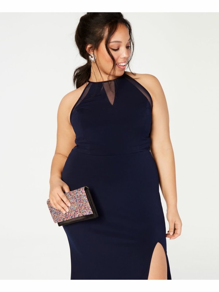 City Studio Navy Illusion Gown with Side Slit, Size 22W