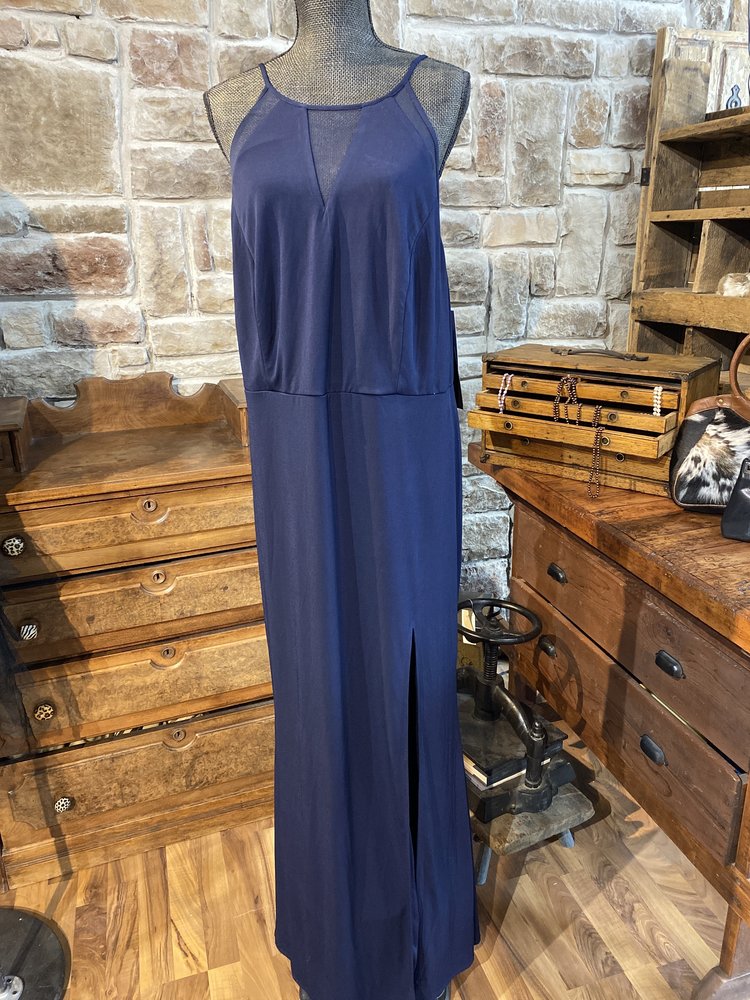City Studio Navy Illusion Gown with Side Slit, Size 22W