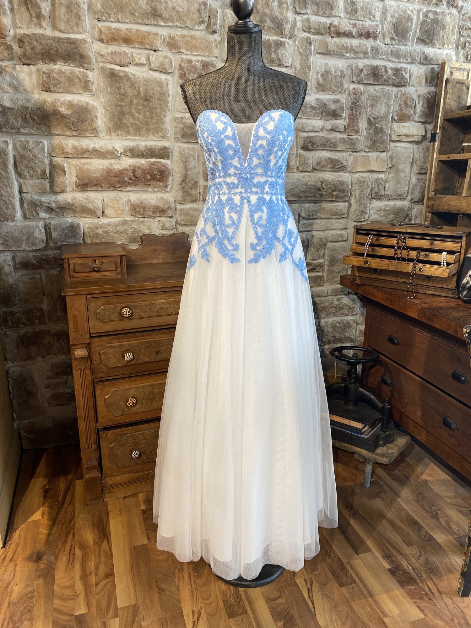 White Gown with Light Blue Embroidery, Size 5