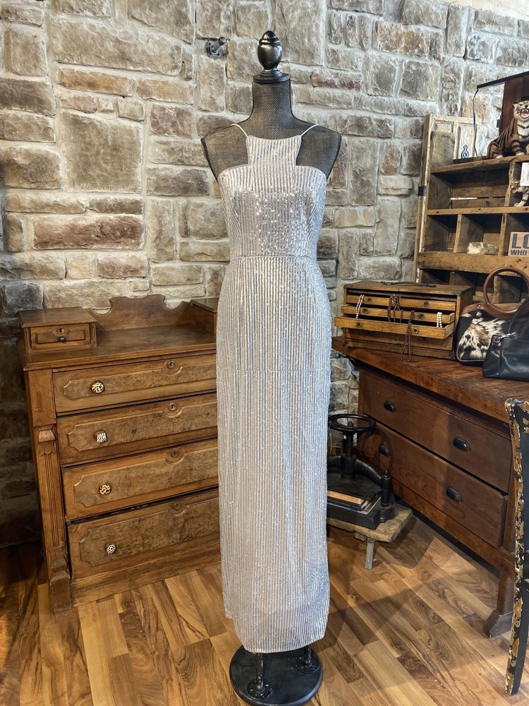 Adrianna Papell Silver Sequin Halter Gown, Size 10