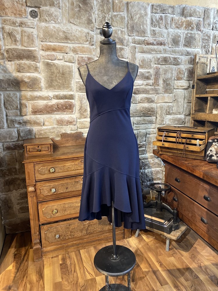 Xscape Navy Asymmetric Ruffled Cocktail Dress, Size 10
