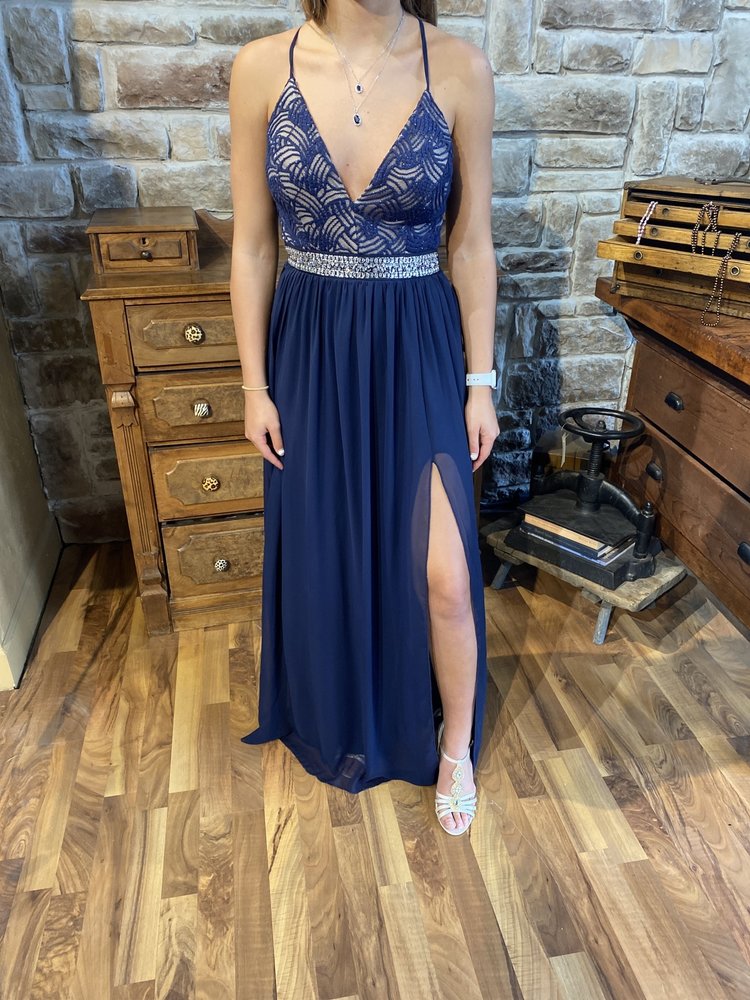 Honey and Rosie Navy Gown with Shimmer Bodice, Size S