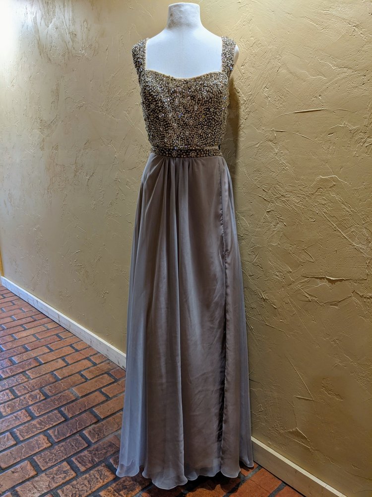 Terani Couture Silver Rhinestone Encrusted Two Piece Gown, Size 14