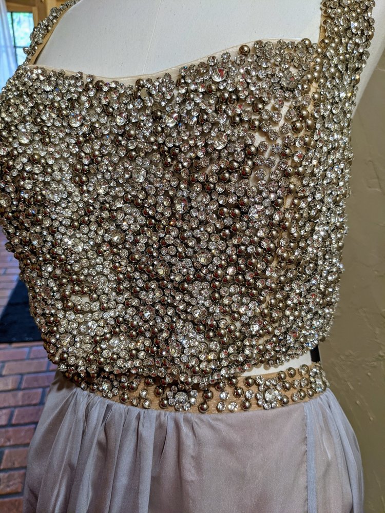 Terani Couture Silver Rhinestone Encrusted Two Piece Gown, Size 14