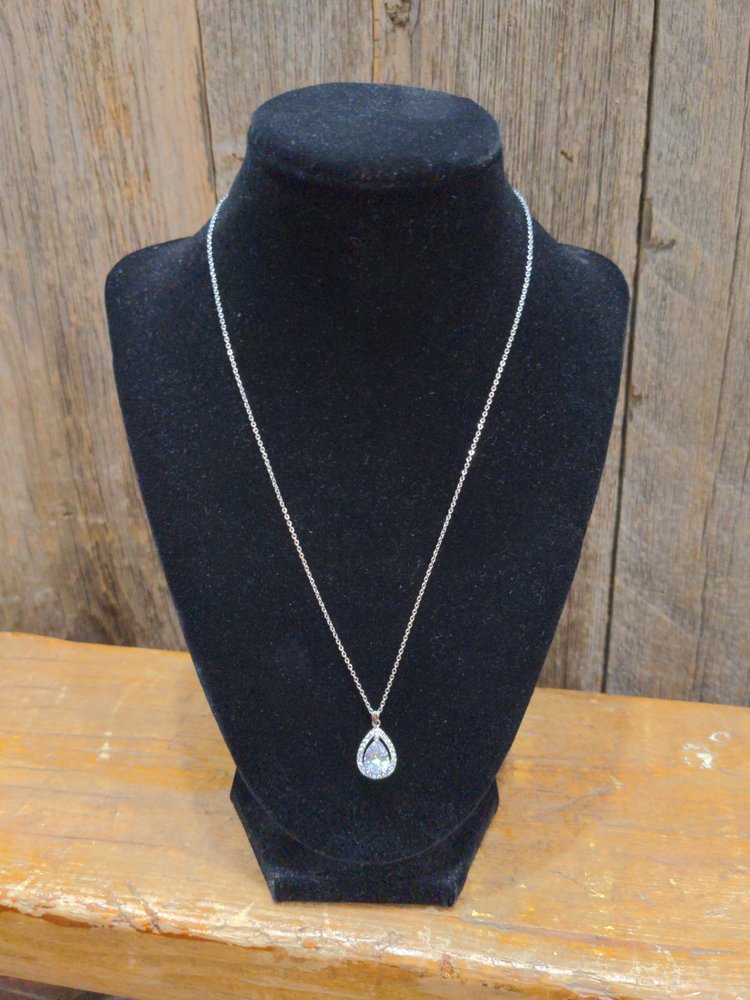 Silver Crystal Teardrop Solitaire Necklace