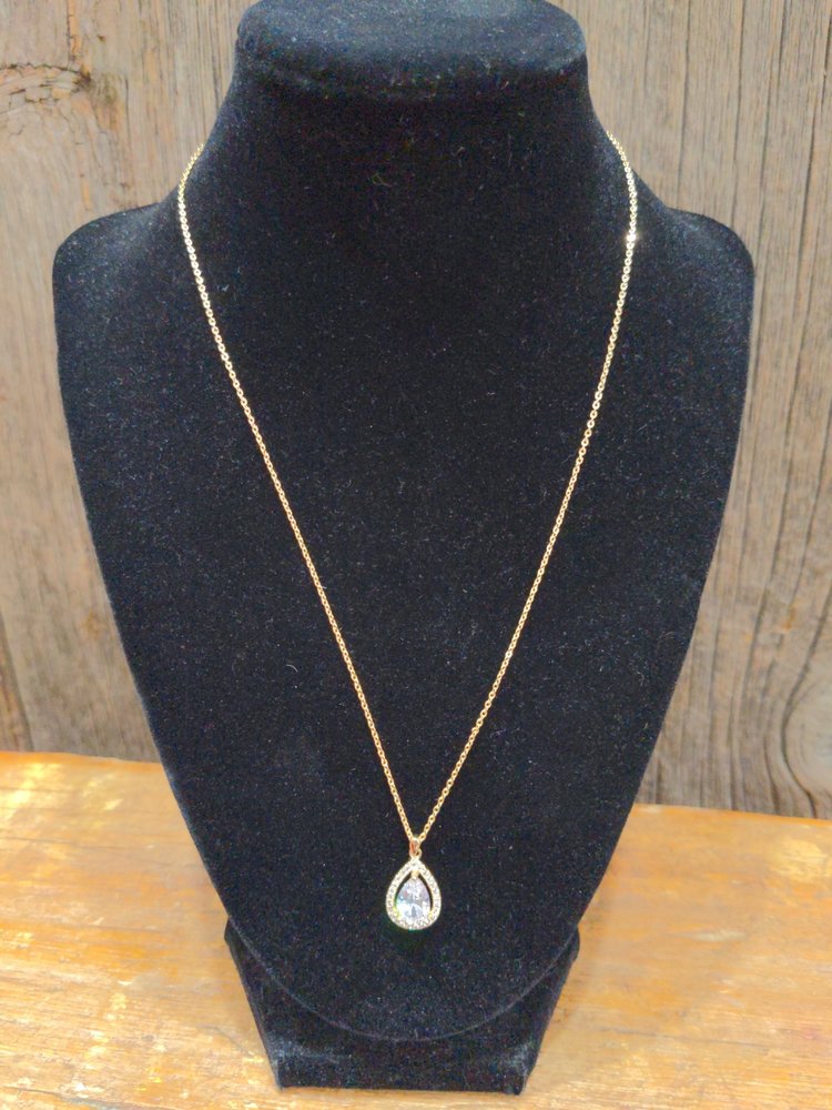 Gold Crystal Teardrop Solitaire Necklace