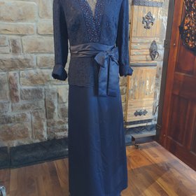 Marina Navy Gown with Lace Overlay and Satin Ribbon, Size 20W