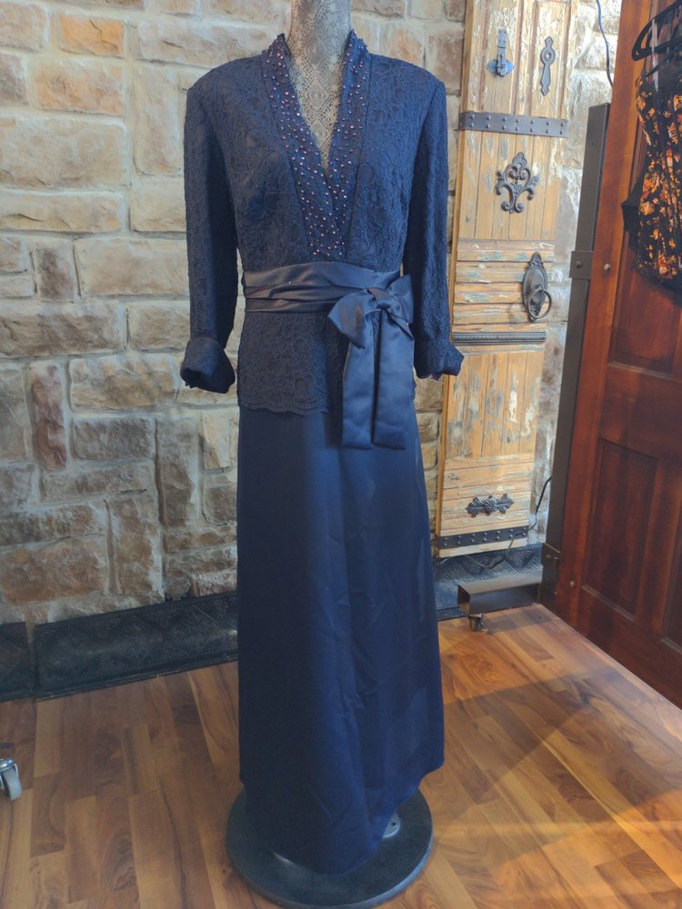 Marina Navy Gown with Lace Overlay and Satin Ribbon, Size 20W