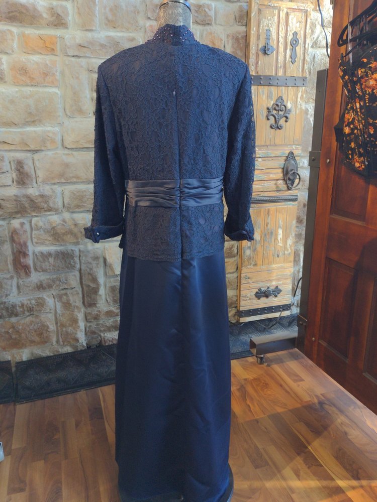 Marina Navy Gown with Lace Overlay and Satin Ribbon, Size 20W