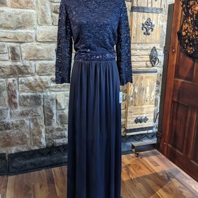 Onxy Nite Navy Gown with Sequin Bodice and Flowy Skirt, Size 16