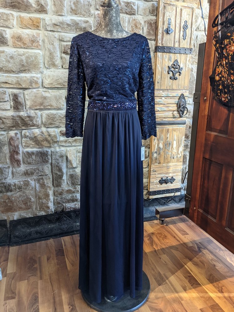 Onxy Nite Navy Gown with Sequin Bodice and Flowy Skirt, Size 16