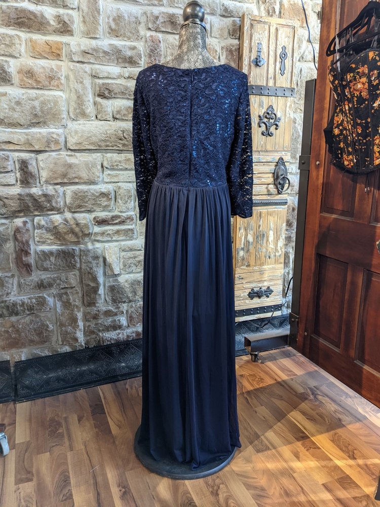 Onxy Nite Navy Gown with Sequin Bodice and Flowy Skirt, Size 16