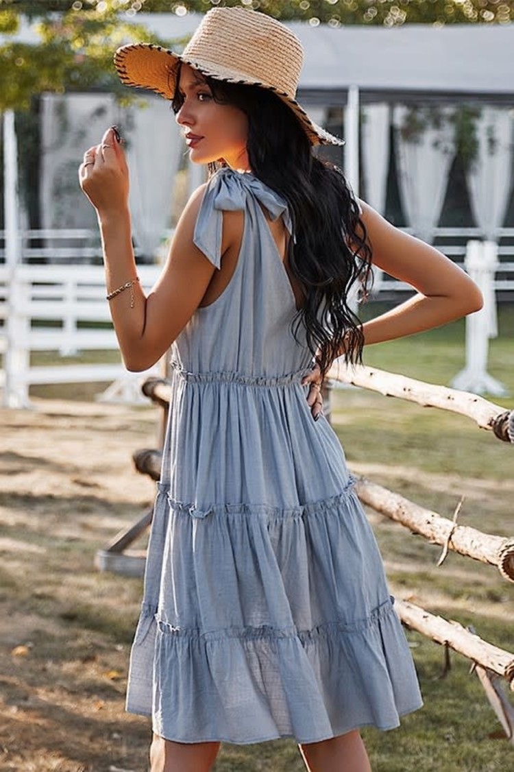 Blue Tiered Sundress with Tie Shoulders