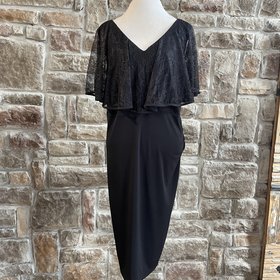 Connected Apparel Black Sheath with Lace Capelet Overlay