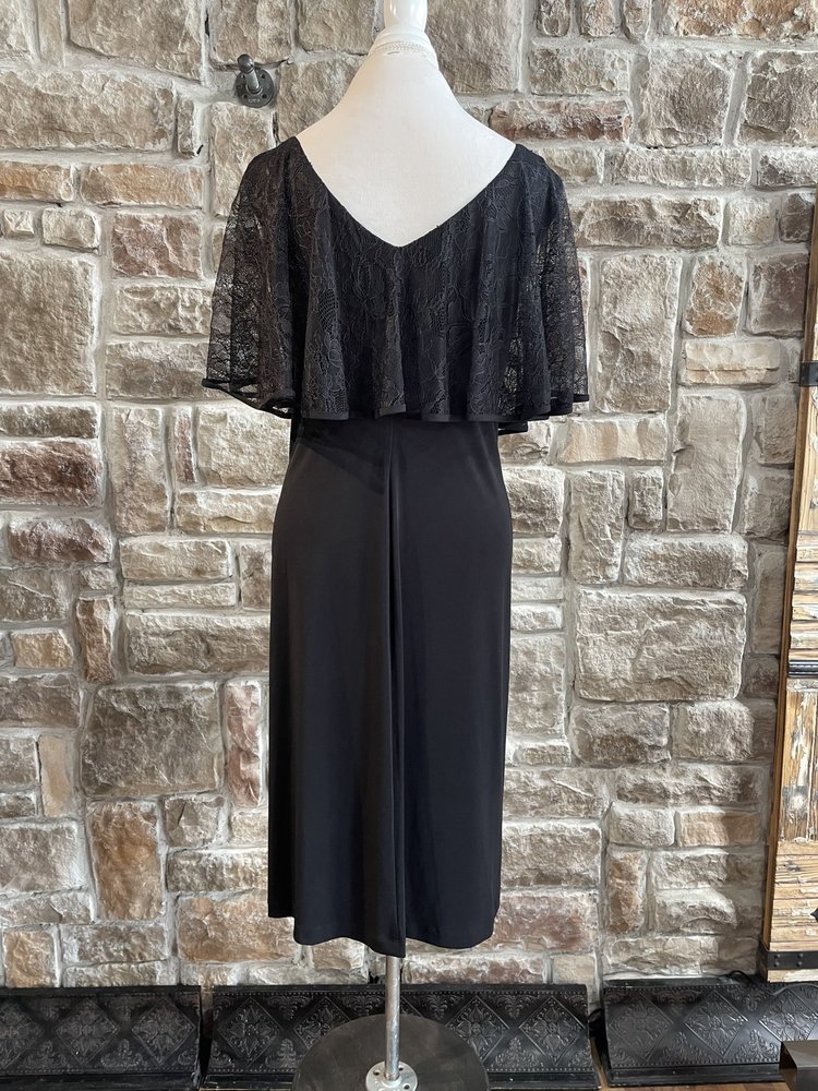 Connected Apparel Black Sheath with Lace Capelet Overlay