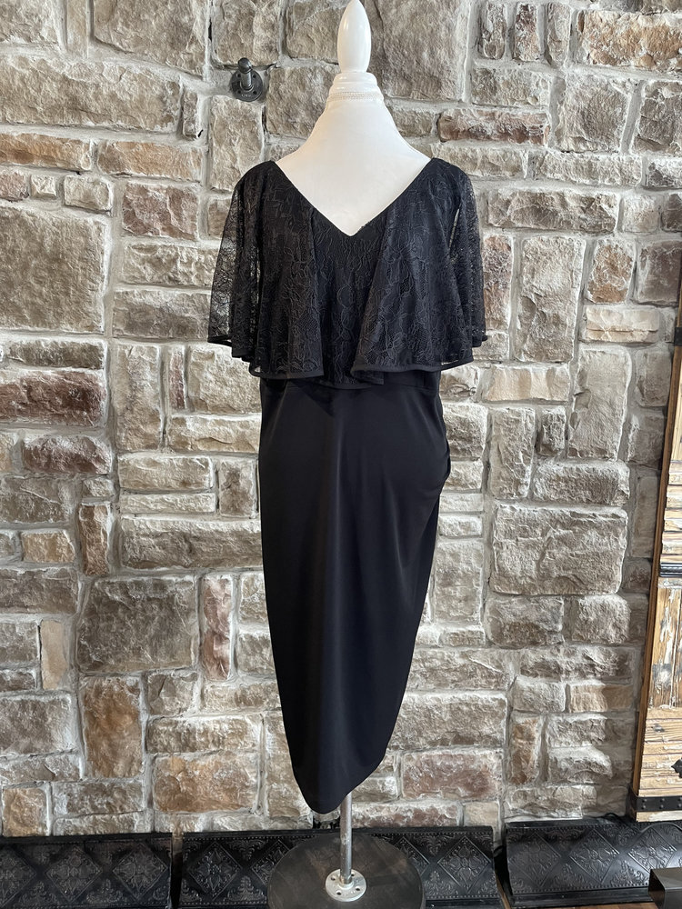 Connected Apparel Black Sheath with Lace Capelet Overlay