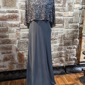 Jkara Pewter Gray Gown with Sequin Capelet, Size 8