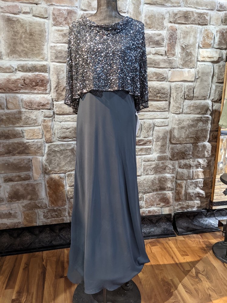Jkara Pewter Gray Gown with Sequin Capelet, Size 8