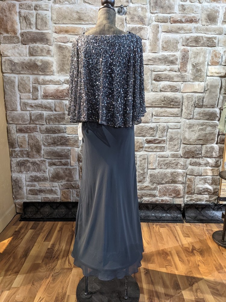 Jkara Pewter Gray Gown with Sequin Capelet, Size 8