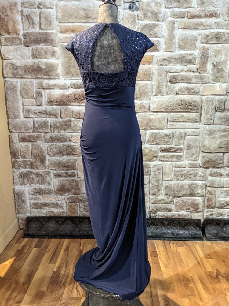 Betsy & Adam Navy Gown with Lace and Sequin Bodice, Size 6